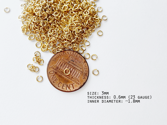 0.6 x 3mm Gold Open Jump Rings, 23 gauge