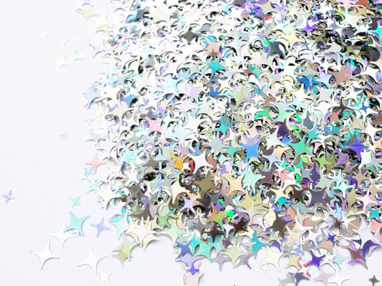 Holographic Silver Four Point Stars Glitter, 2mm, 4mm and 5mm mix, Solvent Resistant Glitter