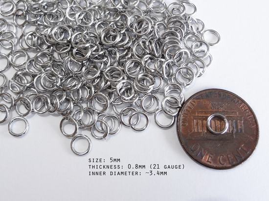 0.8 x 5mm Silver Open Jump Rings, 21 gauge