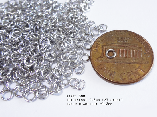 0.6 x 3mm Silver Open Jump Rings, 23 gauge