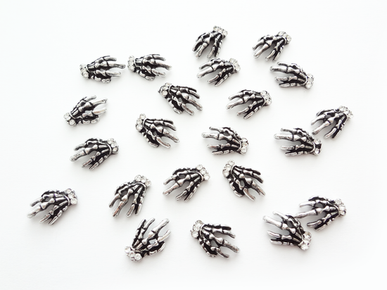 13x10mm 3D Antique Silver Skeleton Hands with Rhinestones