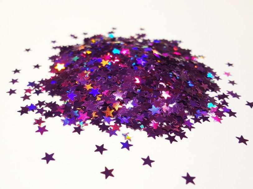 Load image into Gallery viewer, Holographic Laser Violet Purple Star Glitter, 3mm, Solvent Resistant Glitter
