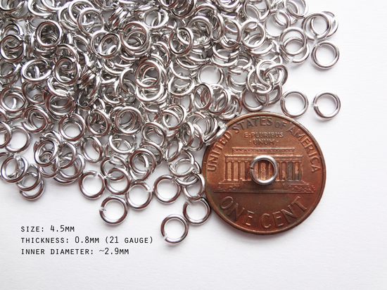 0.8 x 4.5mm Silver Open Jump Rings, 21 gauge