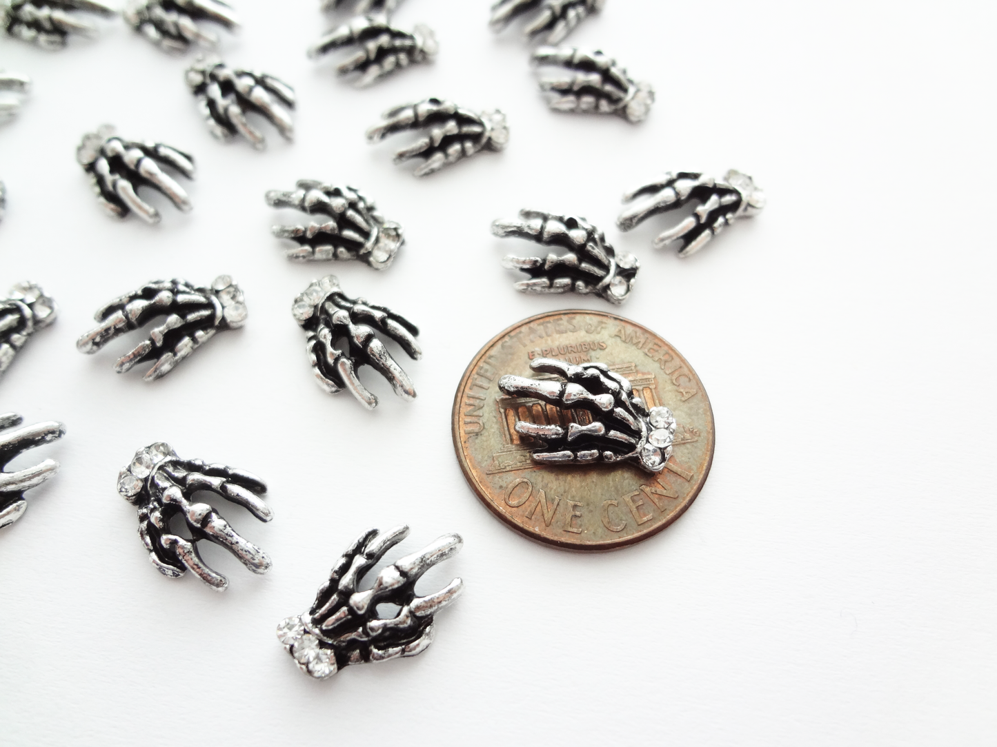 13x10mm 3D Antique Silver Skeleton Hands with Rhinestones