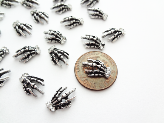 13x10mm 3D Antique Silver Skeleton Hands with Rhinestones