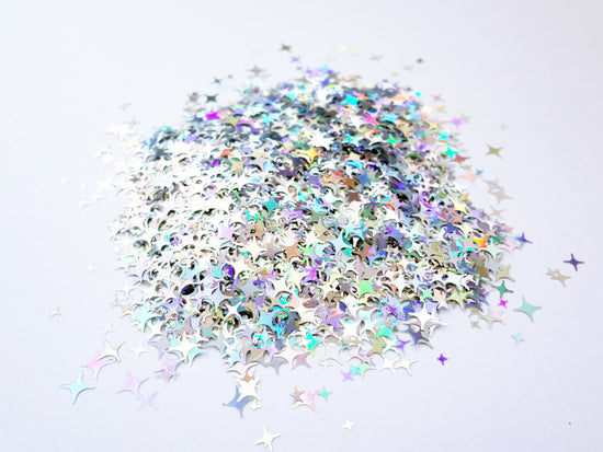 Holographic Silver Four Point Stars Glitter, 2mm, 4mm and 5mm mix, Solvent Resistant Glitter