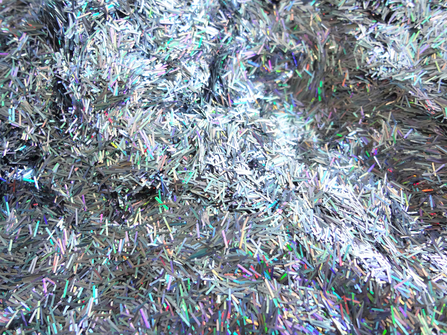 Holographic Laser Silver Tinsel Glitter, 0.2x3mm, Solvent Resistant Glitter