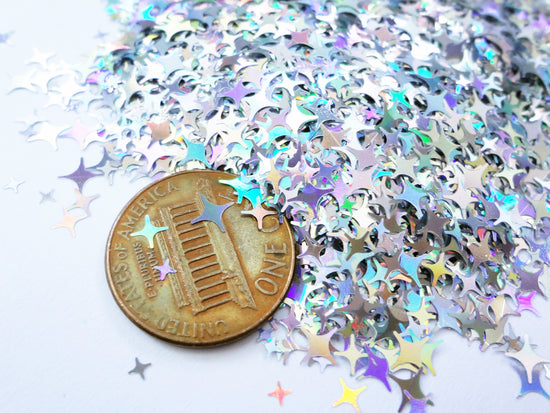 Holographic Silver Four Point Stars Glitter, 2mm, 4mm and 5mm mix, Solvent Resistant Glitter