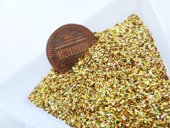 Load image into Gallery viewer, Holographic Laser Gold Loose Glitter, .015&amp;quot; Hex, 0.4mm, 1/64 Solvent Resistant Glitter
