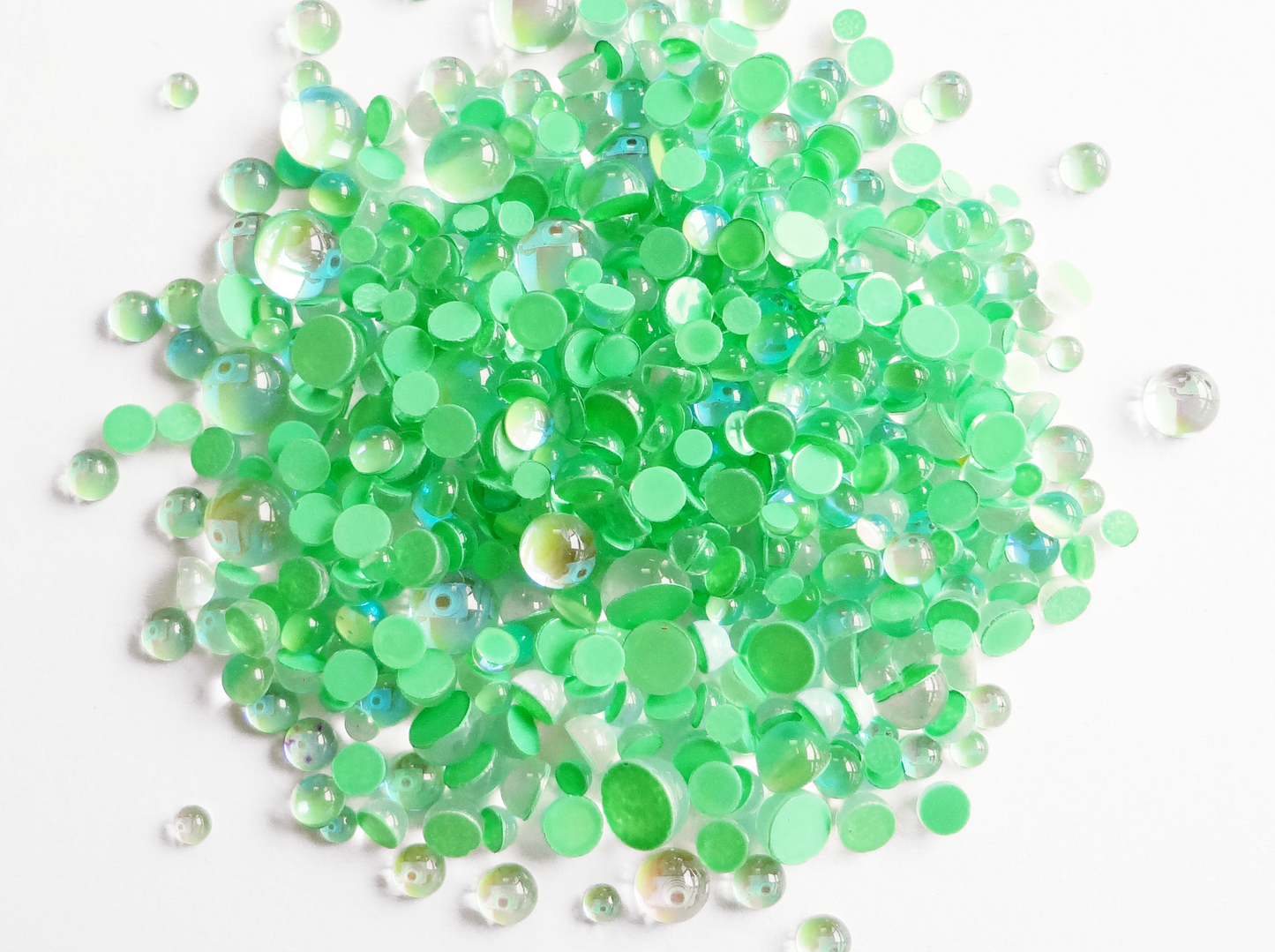 Iridescent Green Glass Bubble Effect Flatbacks, 1mm to 5mm Mixed Sizes