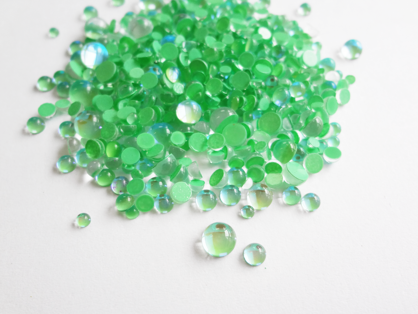 Iridescent Green Glass Bubble Effect Flatbacks, 1mm to 5mm Mixed Sizes