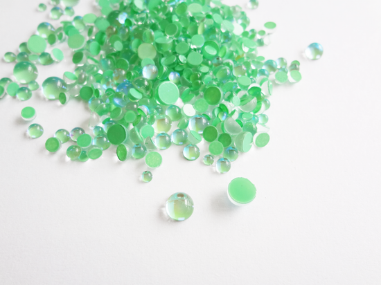 Iridescent Green Glass Bubble Effect Flatbacks, 1mm to 5mm Mixed Sizes
