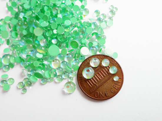 Iridescent Green Glass Bubble Effect Flatbacks, 1mm to 5mm Mixed Sizes