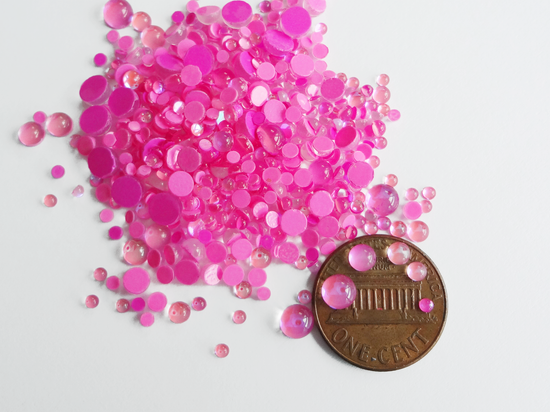 Iridescent Hot Pink Glass Bubble Effect Flatbacks, 1mm to 5mm Mixed Sizes