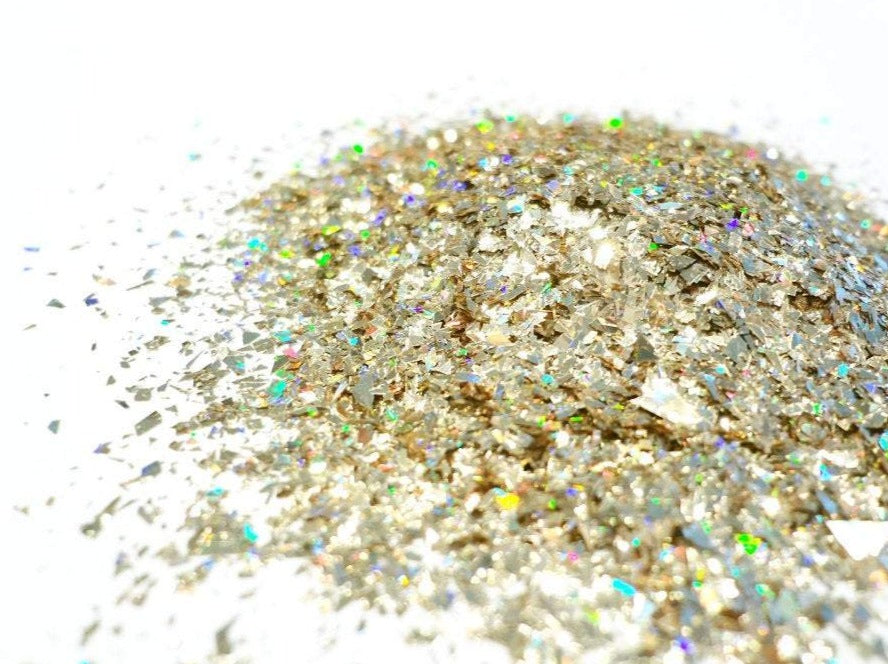 Load image into Gallery viewer, Holographic Pale Gold Tiny Shards, Solvent Resistant Glitter
