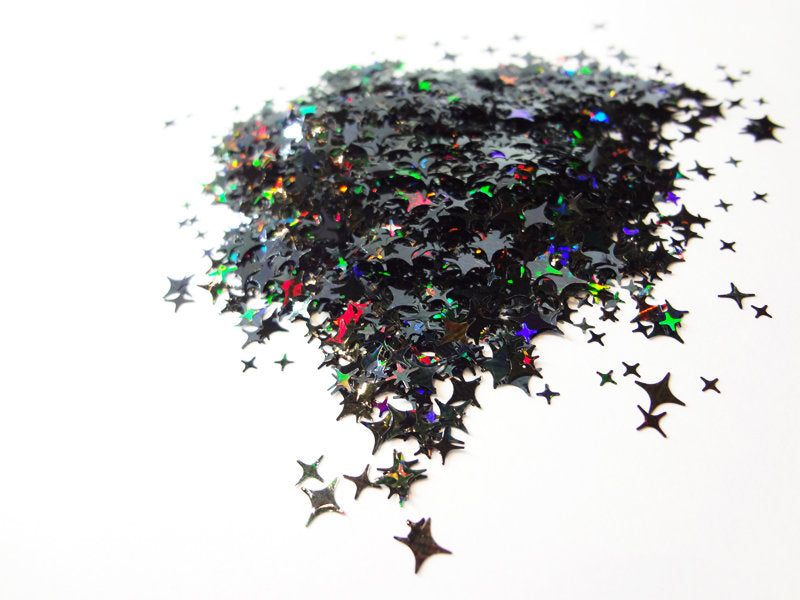 Holographic Black Four Point Stars Glitter, 2mm, 4mm and 5mm mix, Solvent Resistant Glitter