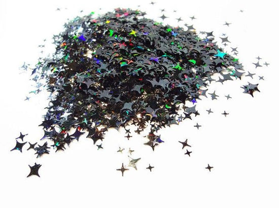 Load image into Gallery viewer, Holographic Black Four Point Stars Glitter, 2mm, 4mm and 5mm mix, Solvent Resistant Glitter
