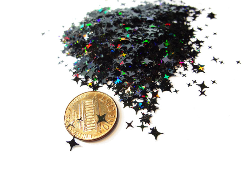 Holographic Black Four Point Stars Glitter, 2mm, 4mm and 5mm mix, Solvent Resistant Glitter