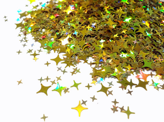 Holographic Gold Four Point Stars Glitter, 2mm, 4mm and 5mm mix, Solvent Resistant Glitter