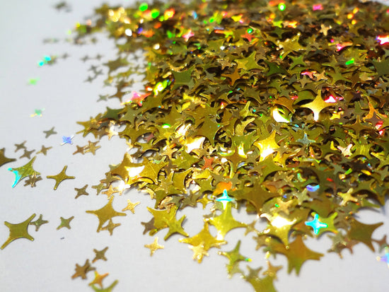 Holographic Gold Four Point Stars Glitter, 2mm, 4mm and 5mm mix, Solvent Resistant Glitter