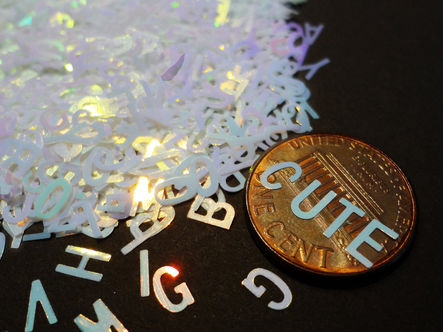 Iridescent White-Blue Alphabet Glitter, 5mm, IMPERFECT, Solvent Resistant Glitter