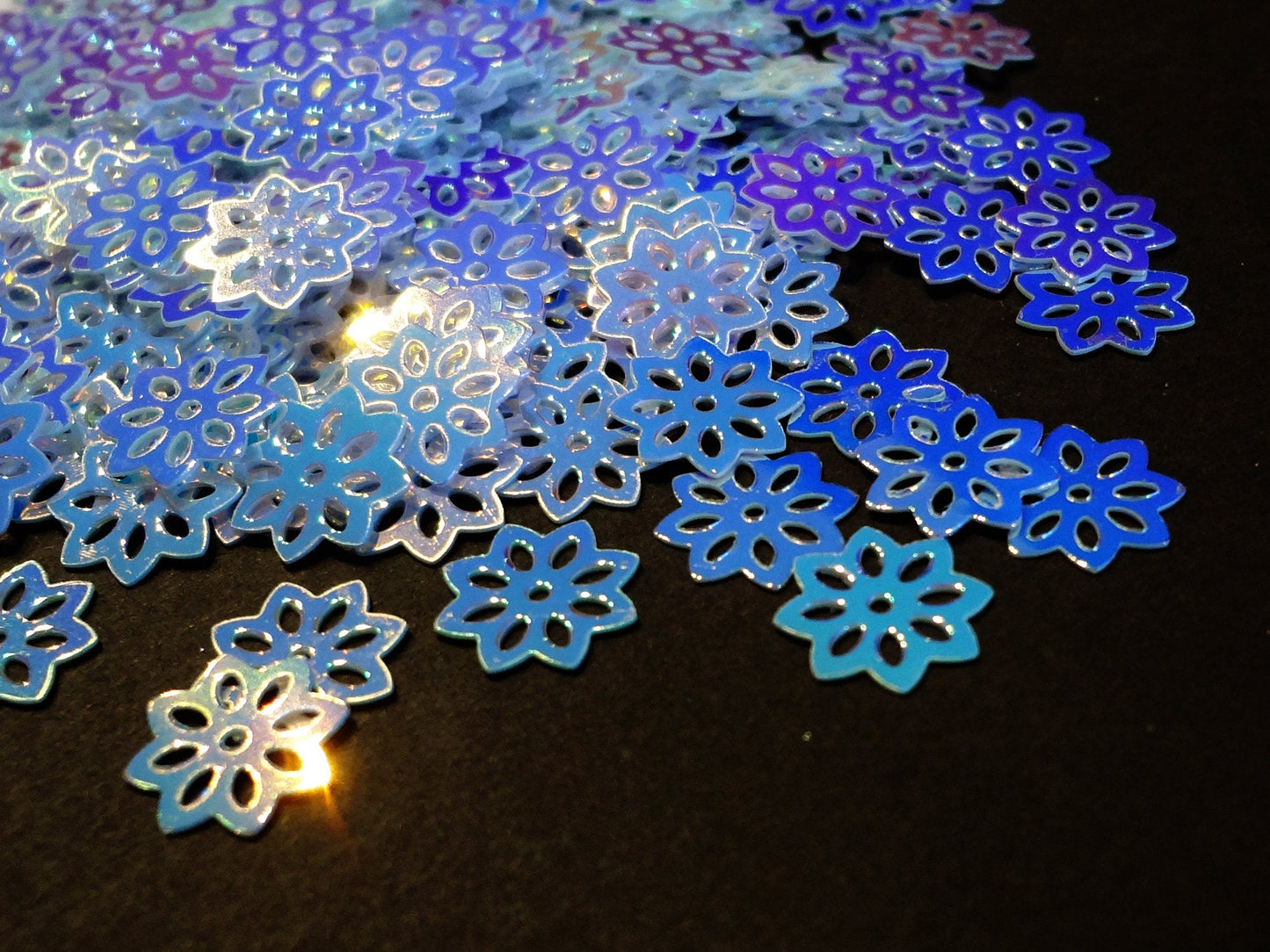 White-Blue Iridescent Snowflake Flower Sequins, 9mm