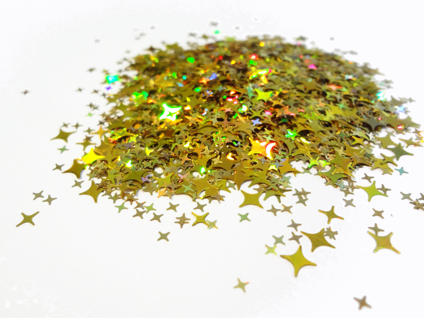 Holographic Gold Four Point Stars Glitter, 2mm, 4mm and 5mm mix, Solvent Resistant Glitter