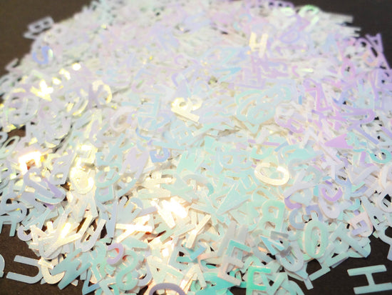 Iridescent White-Blue Alphabet Glitter, 5mm, IMPERFECT, Solvent Resistant Glitter