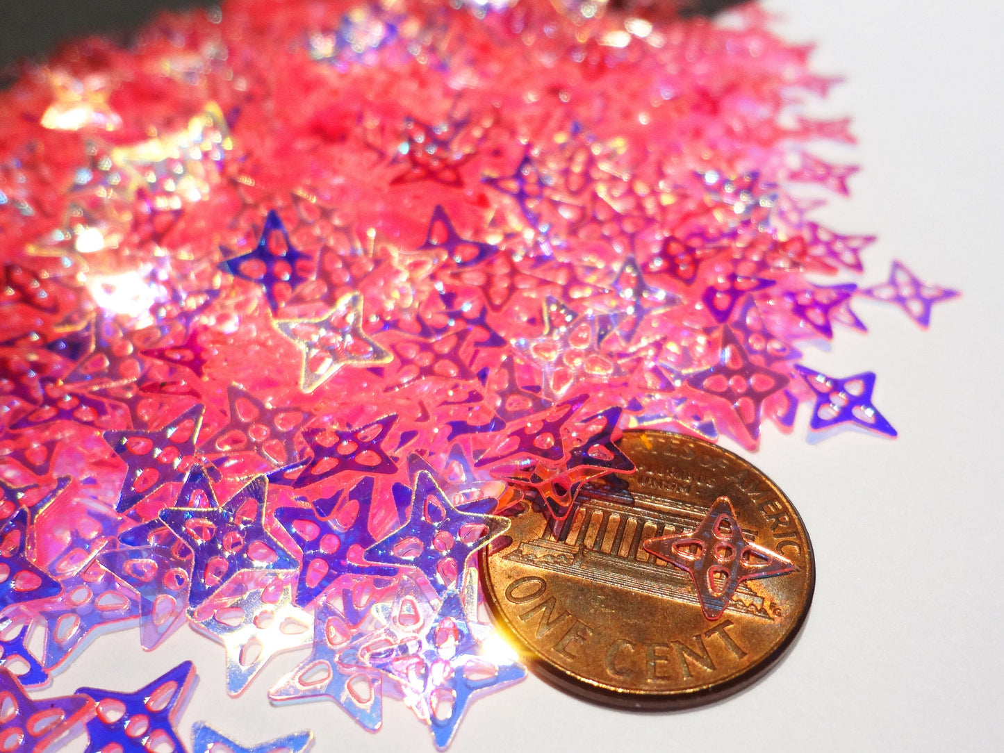Translucent Iridescent Neon Pink Four Point Crystal Star Sequins, 8mm