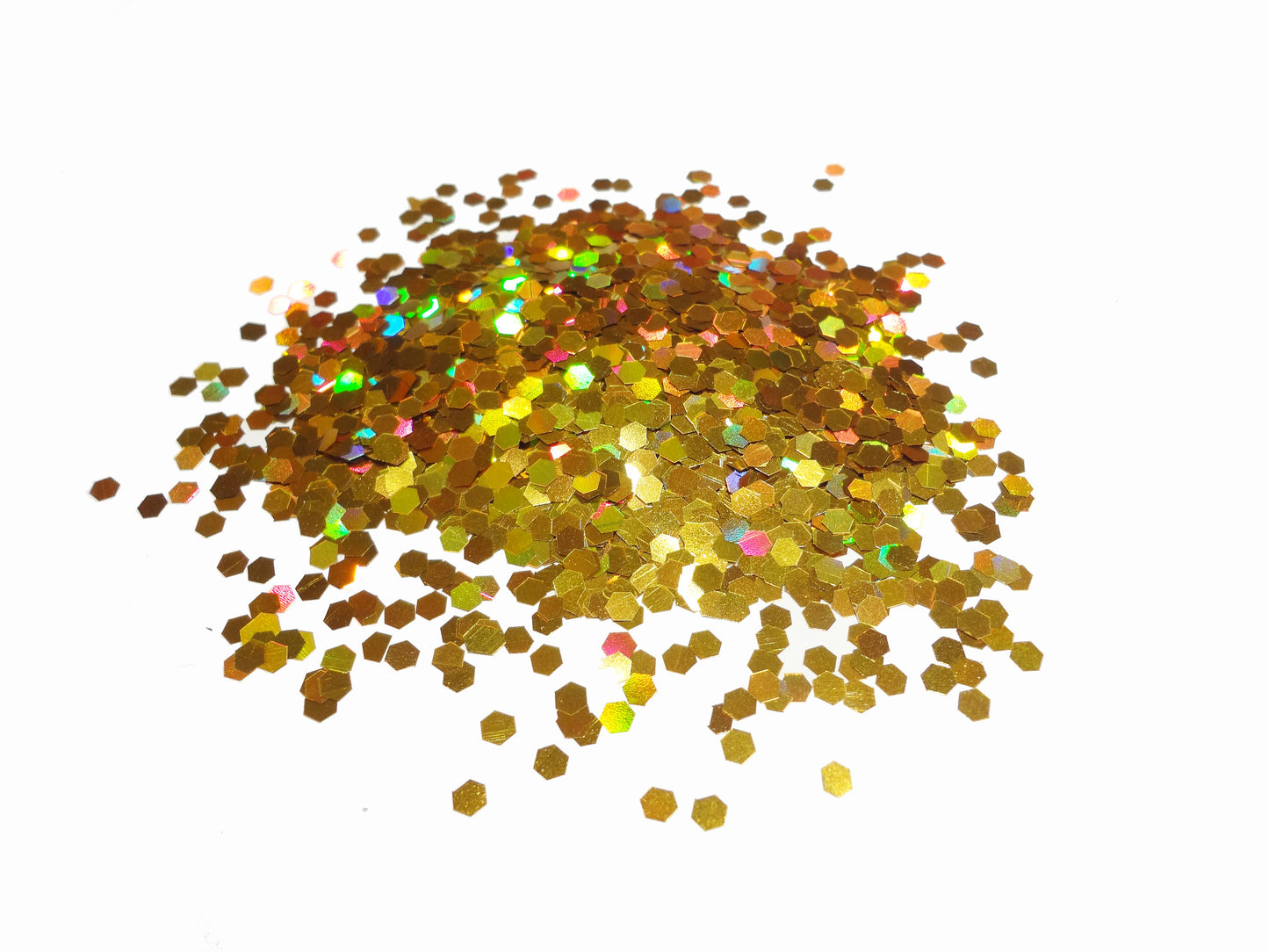 Load image into Gallery viewer, Holographic Laser Gold Loose Large Glitter, .125&amp;quot; Hex, 3mm, 1/8
