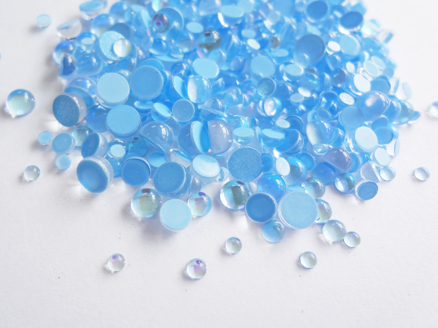 Iridescent Light Blue Glass Bubble Effect Flatbacks, 1mm to 5mm Mixed Sizes