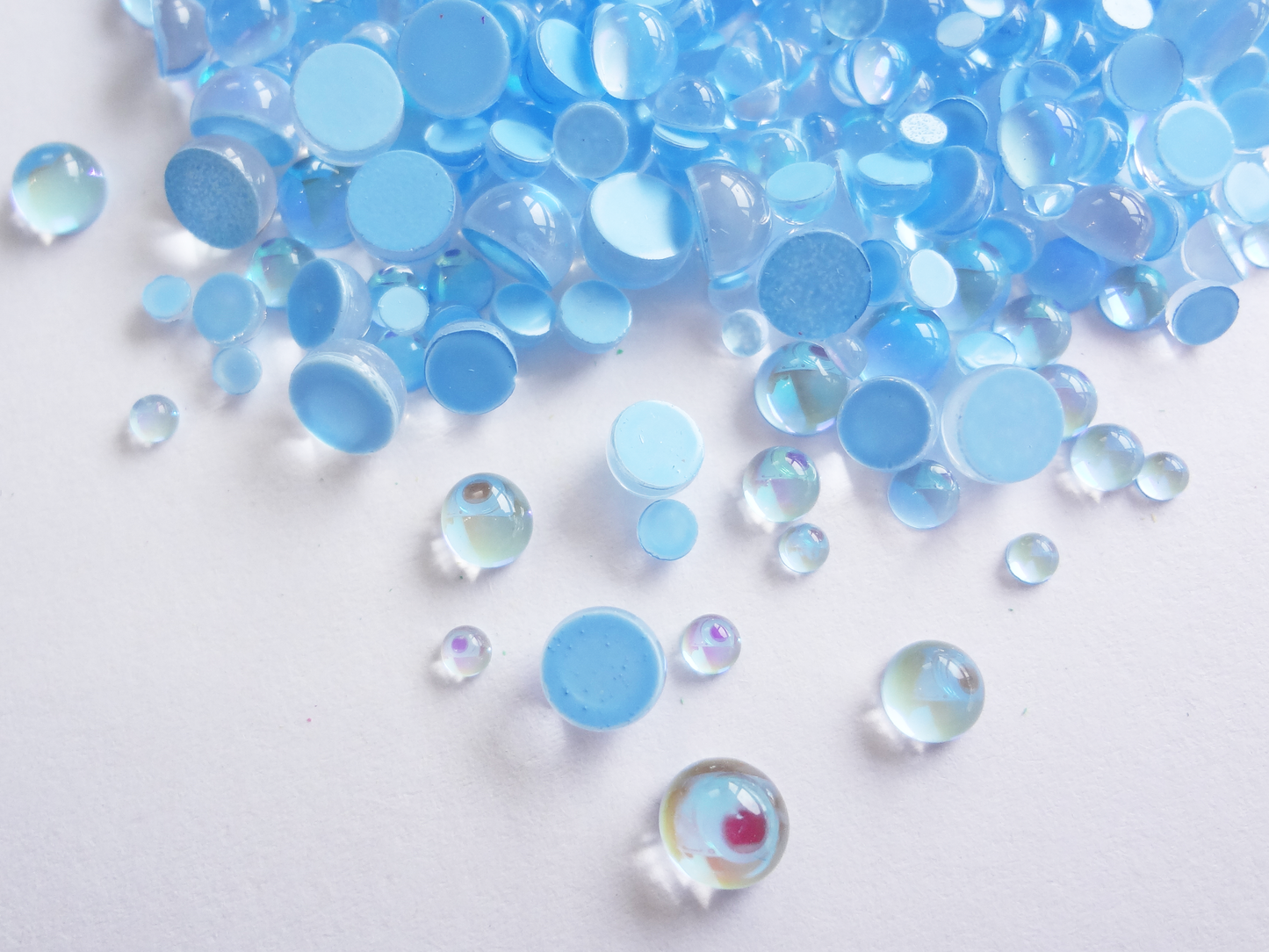 Iridescent Light Blue Glass Bubble Effect Flatbacks, 1mm to 5mm Mixed Sizes