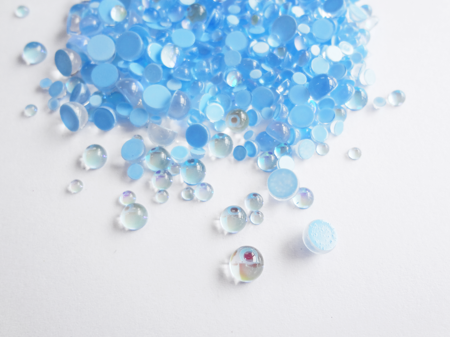 Iridescent Light Blue Glass Bubble Effect Flatbacks, 1mm to 5mm Mixed Sizes