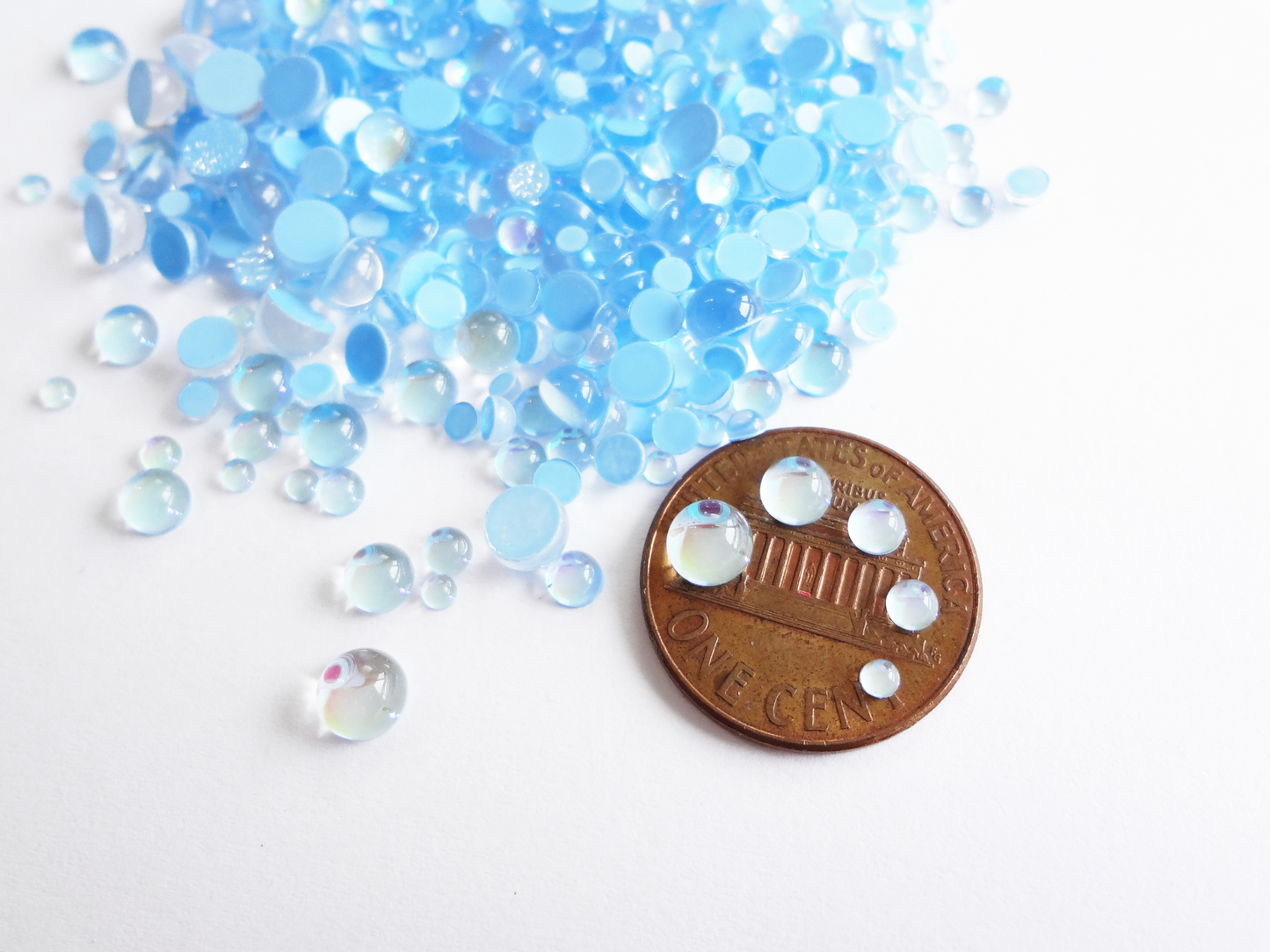 Iridescent Light Blue Glass Bubble Effect Flatbacks, 1mm to 5mm Mixed Sizes