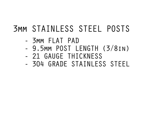 3mm Stainless Steel Earring Posts, 9.5mm Length, 21 gauge, Hypoallergenic 304 Stainless Steel
